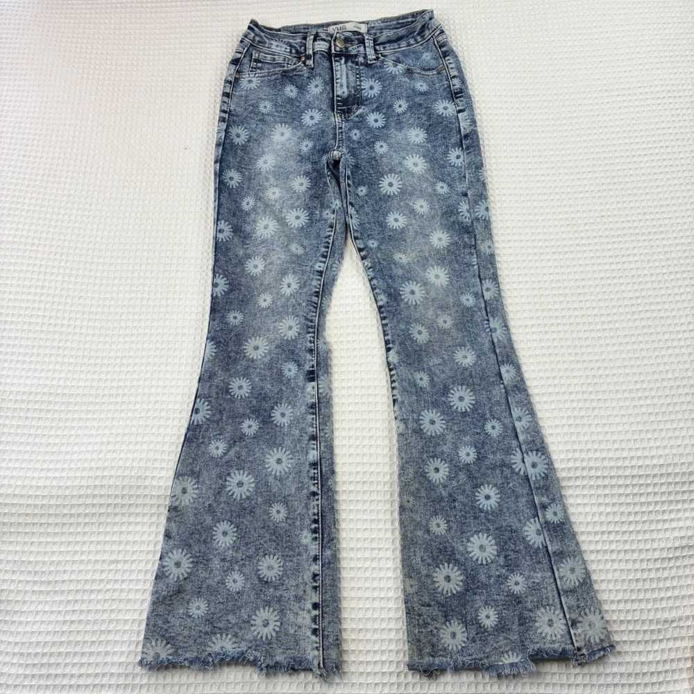 YMI Girls Blue Acid Wash‎ Daisy Floral Print Flare Jeans Size 14 Raw Hem Retro